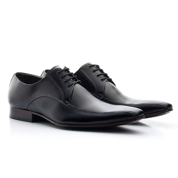 Sapato Social Masculino Estilo Italiano De Amarrar Preto Solado Em Couro Ref. 300PRETO